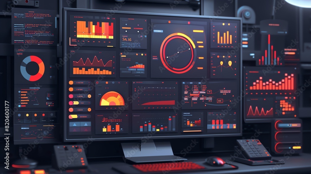 IT operations dashboard flat design front view system monitoring theme 3D render splitcomplementary color scheme