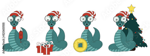 Set vector Chinese 2025 Zodiac Snake in trendy Flat style isolated transparent background. Funny Trippy Weird of Chinese 2025 New Year Luna symbol. Vector can used web postcard, banner, poster design.