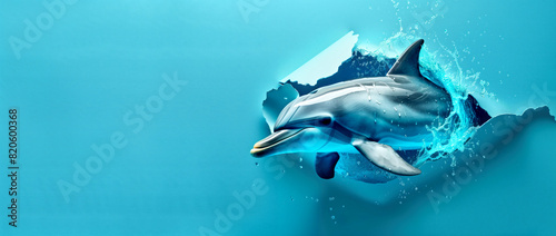 A dolphin jumping out of a wave with a blue background and space for text