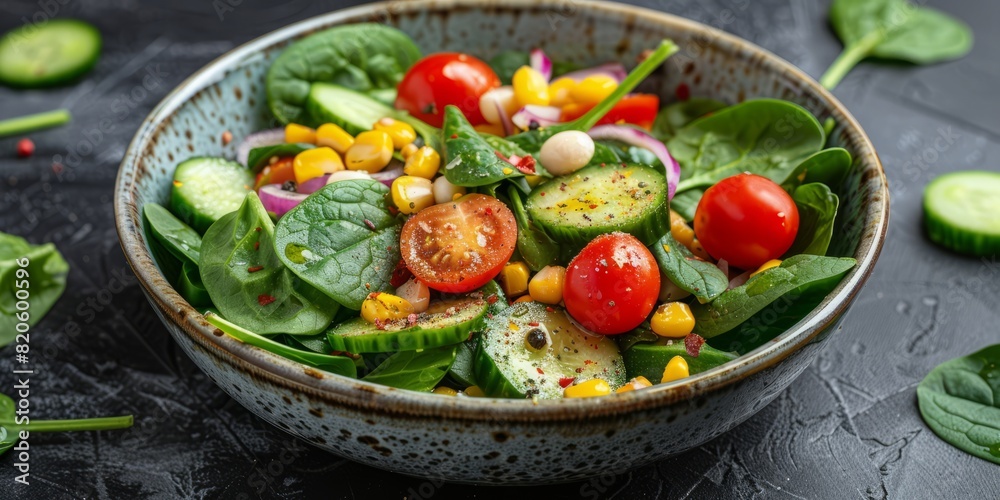 Spring vegan salad with spinach, cherry tomatoes, corn salad, baby spinach, cucumber and red onion. Healthy food concept. illustration Spring vegan salad with spinach, cherry tomatoes, corn salad, baby spinach, cucumber and red onion. Healthy food concept. illustration
