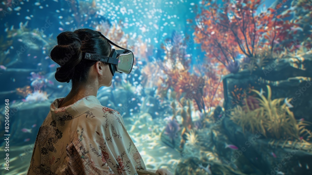 Woman experiencing a vibrant underwater world through virtual reality headset, surrounded by colorful coral reefs and marine life Woman experiencing a vibrant underwater world through virtual reality headset, surrounded by colorful coral reefs and marine life