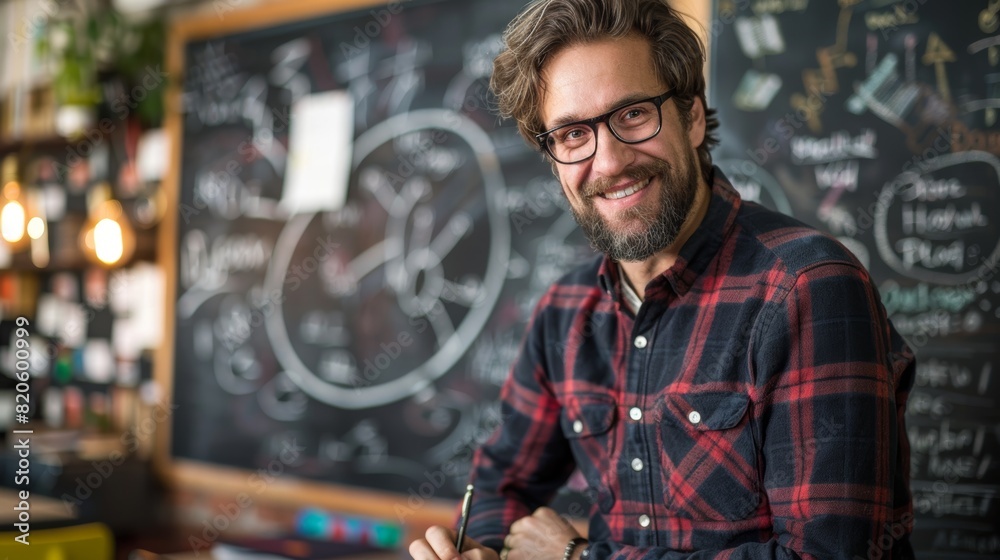 smiling teacher stands in front of a chalkboard adorned with equations and diagrams in a classroom setting smiling teacher stands in front of a chalkboard adorned with equations and diagrams in a classroom setting