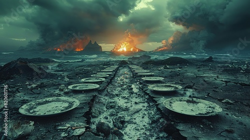 A dark portrayal of hunger in the form of a barren landscape with empty plates scattered around