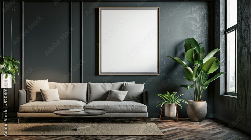 Mockup poster in modern living room interior background Mockup poster in modern living room interior background