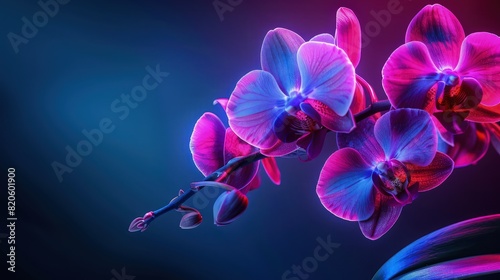 An exotic display of deep purple orchid flowers under a soft blue neon light, set against a dark charcoal background. 