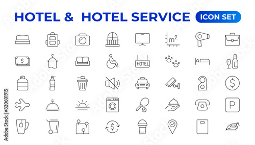 Hotel icons set. Rental property  icons. Set of apartment reservation  hotel booking  five-star hotel  service line vector web icon.Hotel universal set with Building  Parking   Meal  Air conditioner.