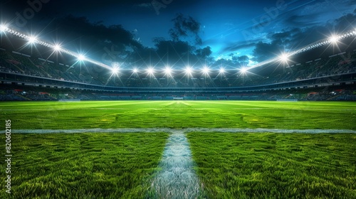 Soccer stadium at night with perfect lawn and floodlights lighting - theme soccer, world cup and sports photo
