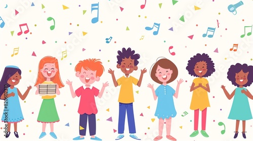 A group of diverse children singing and dancing happily.