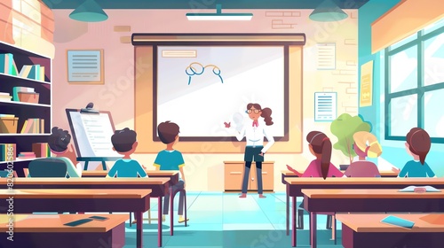 A classroom of students are sitting at their desks, listening to their teacher