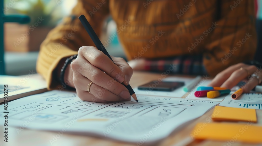Creative designer drafting wireframes flat design side view UIUX design theme animation complementary color scheme Creative designer drafting wireframes flat design side view UIUX design theme animation complementary color scheme
