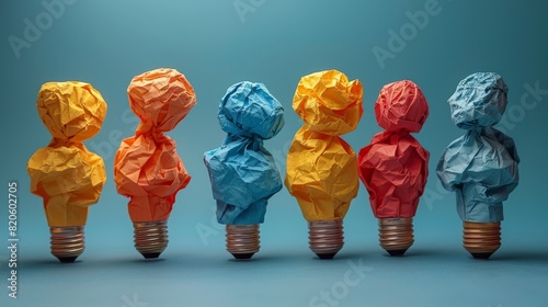 Great idea concept with crumpled colorful paper and light bulb on the table. photo