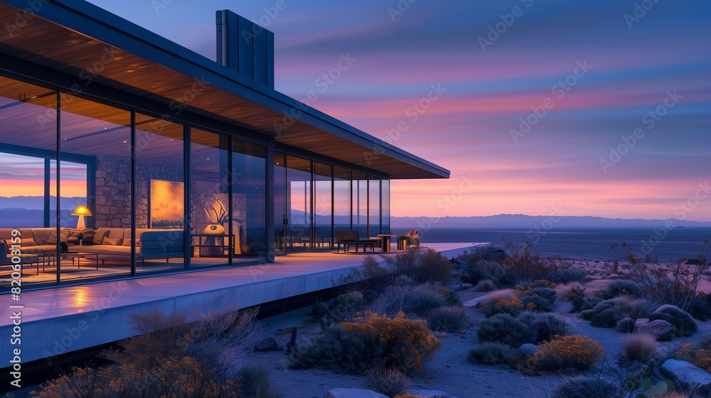 A luxurious desert hideaway, its sleek lines and expansive windows framing views of the vast desert landscape bathed in the soft hues of twilight. A luxurious desert hideaway, its sleek lines and expansive windows framing views of the vast desert landscape bathed in the soft hues of twilight.