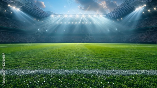 stadium lights, Football stadium arena for match with spotlight. Soccer sport background, green grass field for competition champion match. photo
