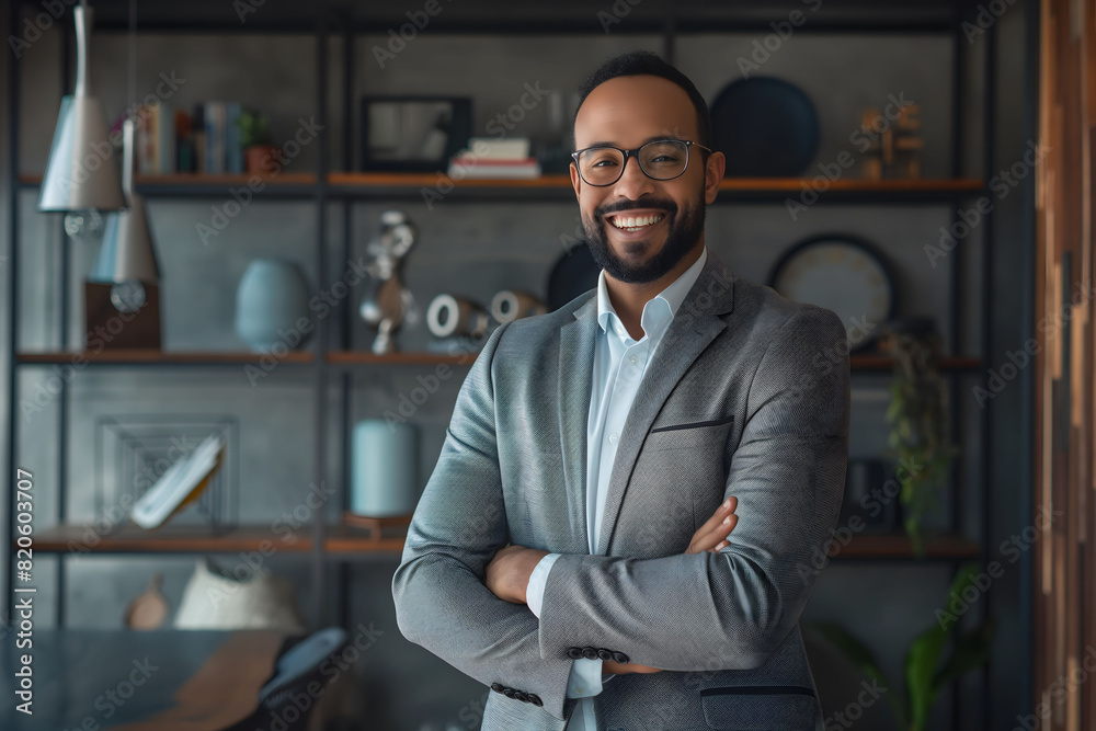 Smiling businessman in a light grey suit standing in a modern office Smiling businessman in a light grey suit standing in a modern office
