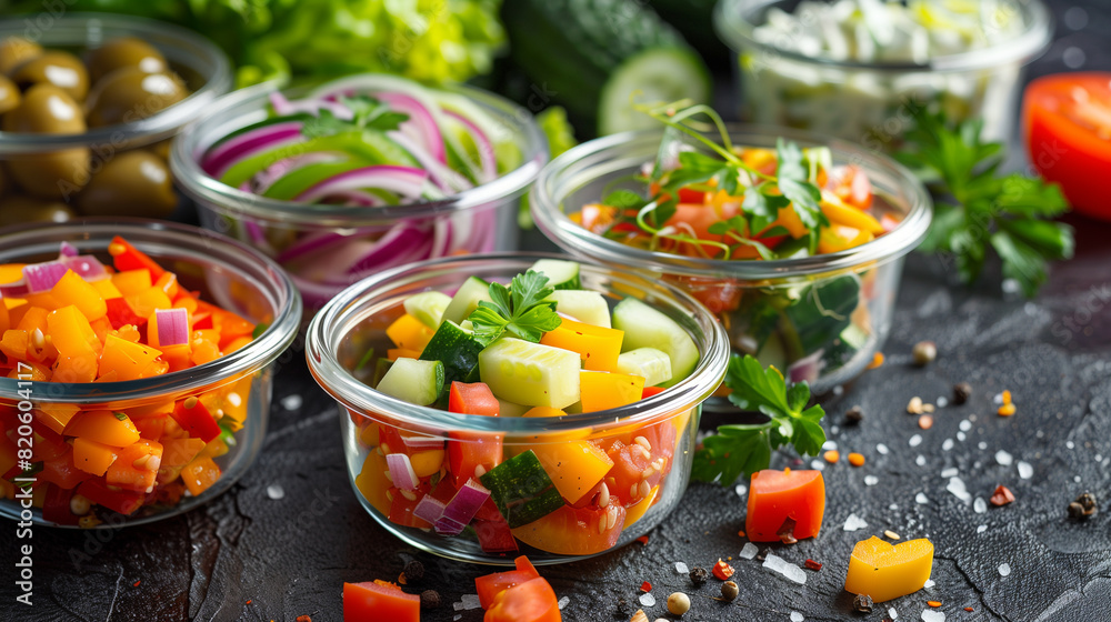 small glass bowls with vegetable salads. harvesting vegetables. salads for catering small glass bowls with vegetable salads. harvesting vegetables. salads for catering
