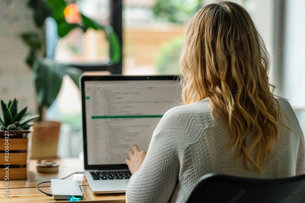 Woman focused, replying to emails on her laptop in a modern office setting, efficient and productive. Woman focused, replying to emails on her laptop in a modern office setting, efficient and productive.