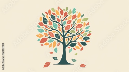 A minimal vector graphic of a tree with multicolored leaves on a cream background.