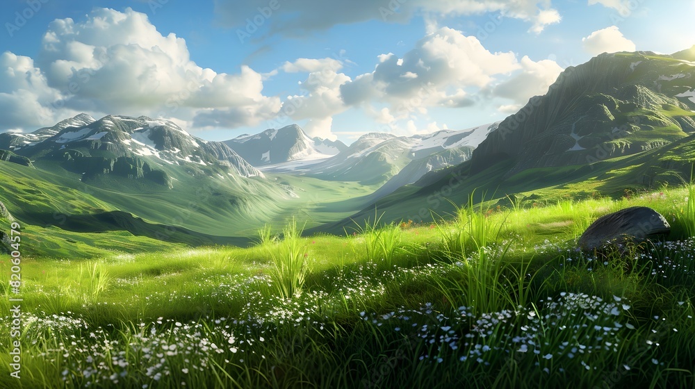 Obraz premium green valley with flowers landscape in the summer