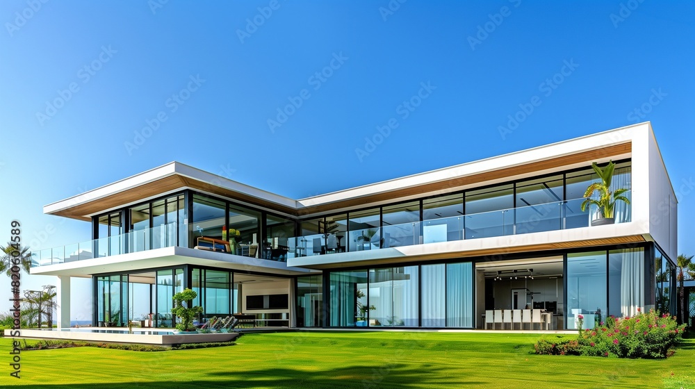 A luxurious modern residence with floor-to-ceiling windows and a meticulously groomed lawn, exuding sophistication and style under the clear blue sky. A luxurious modern residence with floor-to-ceiling windows and a meticulously groomed lawn, exuding sophistication and style under the clear blue sky.