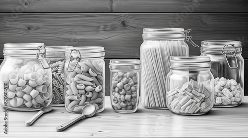 Glass jars for products with cereals, a container for food with marking, contour illustration. linear hand drawn picture in sketch style photo