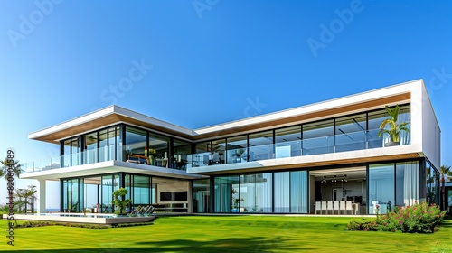 A luxurious modern residence with floor-to-ceiling windows and a meticulously groomed lawn, exuding sophistication and style under the clear blue sky.