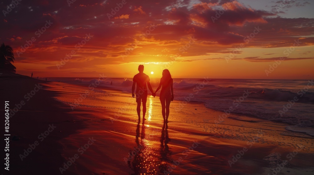 Silhouette of a couple holding hands, watching a warm sunset over the beach, symbolizing love and companionship, ideal for romance and travel themes. Silhouette of a couple holding hands, watching a warm sunset over the beach, symbolizing love and companionship, ideal for romance and travel themes.