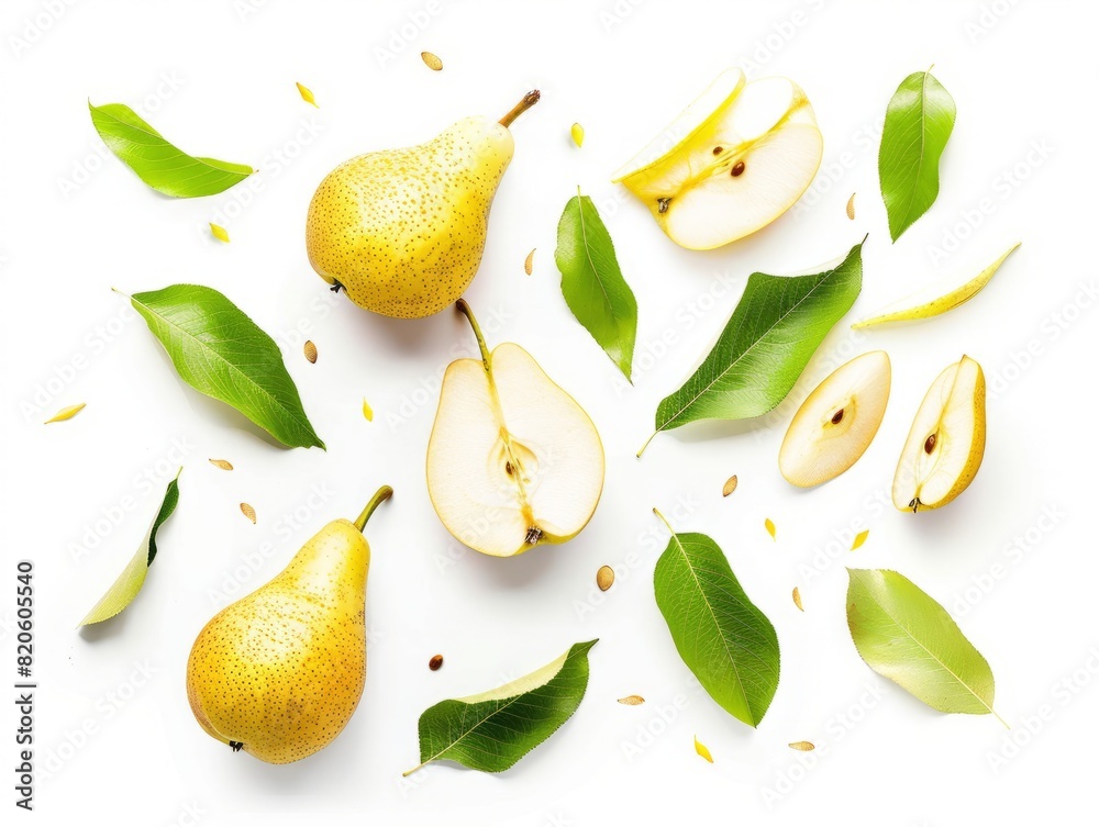 Flying Yellow Pear: Whole, Half, Slice with Leaves on White Background - High End Retouching Flying Yellow Pear: Whole, Half, Slice with Leaves on White Background - High End Retouching