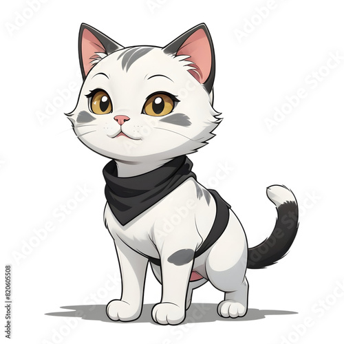 Cute kitten sitting attentively with a black bandana around its neck