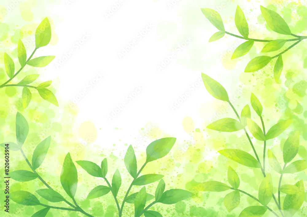 陽の光に緑の葉が輝く背景イラスト　植物のフレーム　木漏れ日の背景イラスト　爽やかな自然の風景