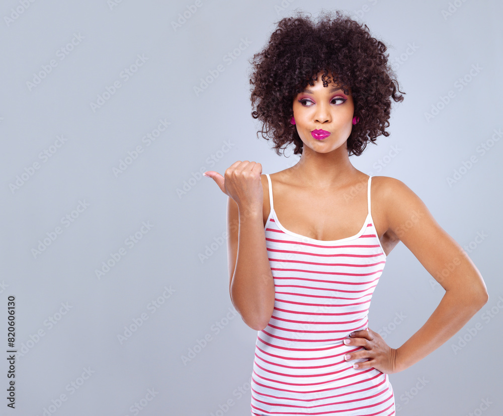 Studio, point and hands for female person, fashion and thinking with makeup isolated on white background. Advertising, announcement and doubt with afro for African woman, attitude and mockup space Studio, point and hands for female person, fashion and thinking with makeup isolated on white background. Advertising, announcement and doubt with afro for African woman, attitude and mockup space