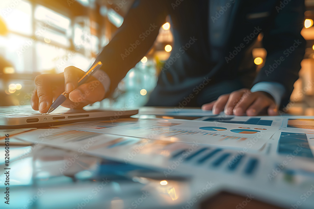Businessman analyzing financial charts with a laptop and pen in a modern office Businessman analyzing financial charts with a laptop and pen in a modern office