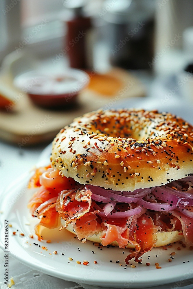 Bagel au saumon gourmand, avec de la salade et du cheddar, illustration culinaire ia générative Bagel au saumon gourmand, avec de la salade et du cheddar, illustration culinaire ia générative