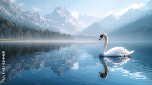 Fototapeta Naklejka Na Ścianę i Meble -  A swan on a quiet lake in front of mountains