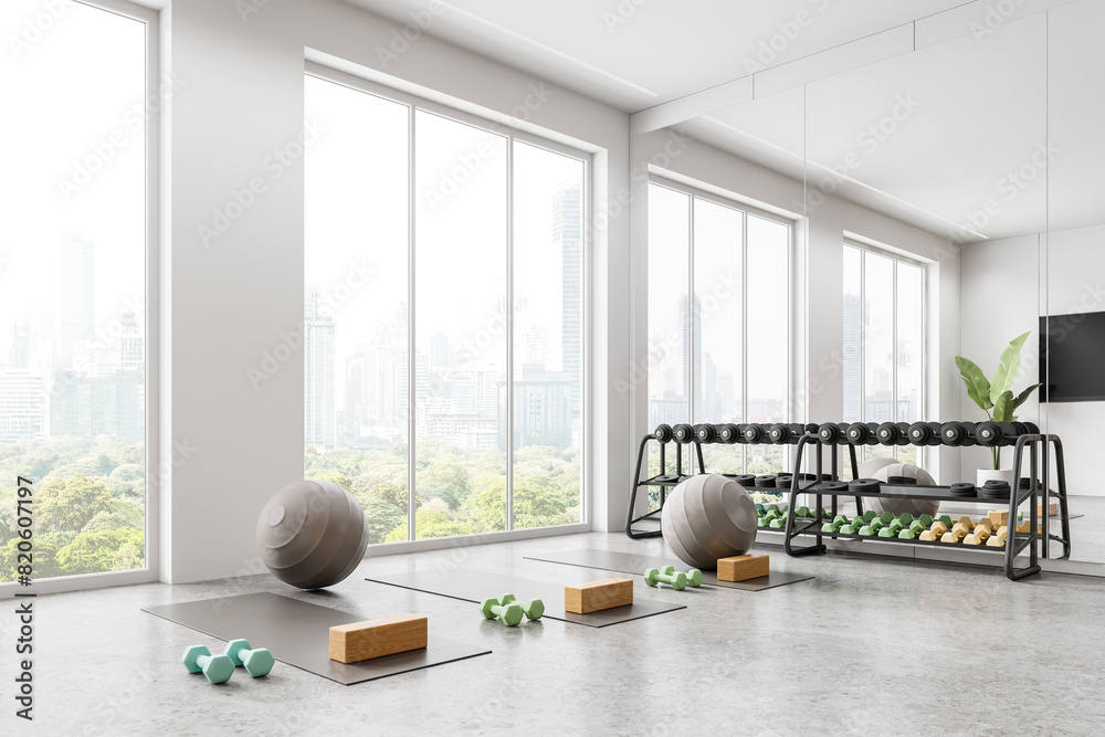 Fototapeta premium Yoga room interior with dumbbell rack and punching bag, tv and window