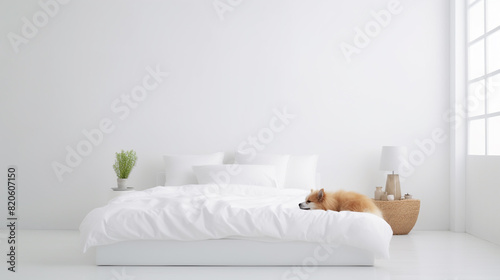 Happy dog in luxurious bright colors scandinavian style bedroom with king-size bed. Pets friendly hotel or home room.