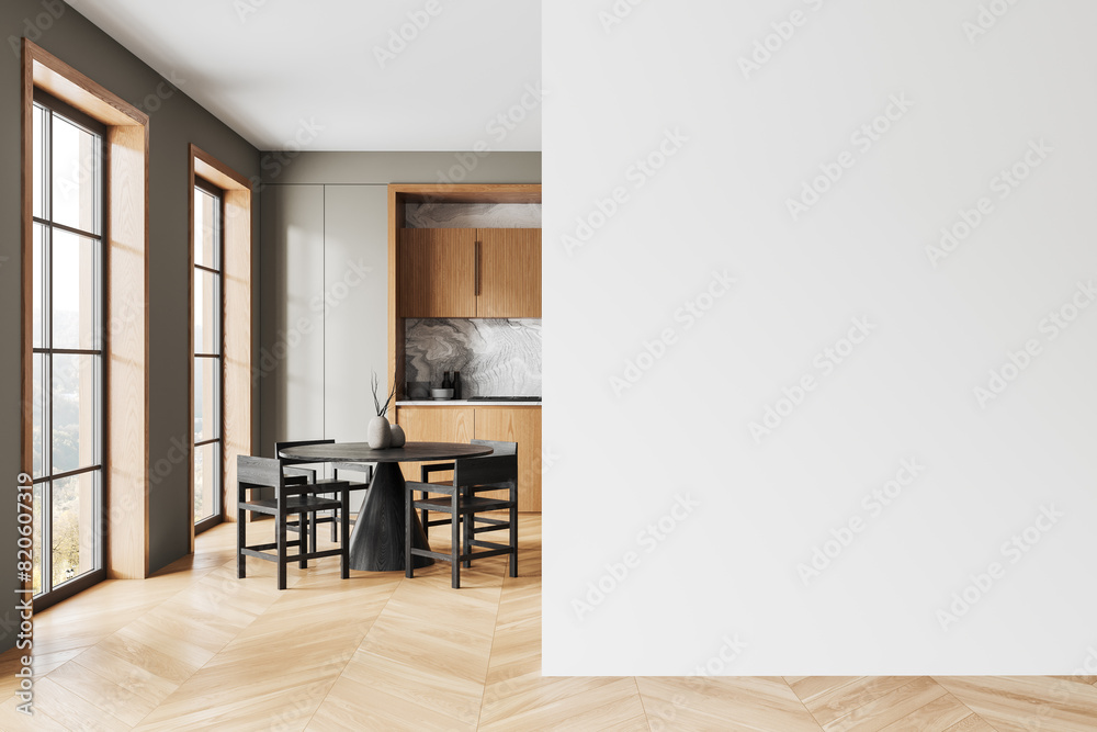 Fototapeta premium Home kitchen interior with eating table and cabinet, window. Mockup wall