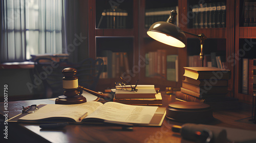 the scene is captured in the soft light of a table lamp combined with the light, of the lawyer's desk
