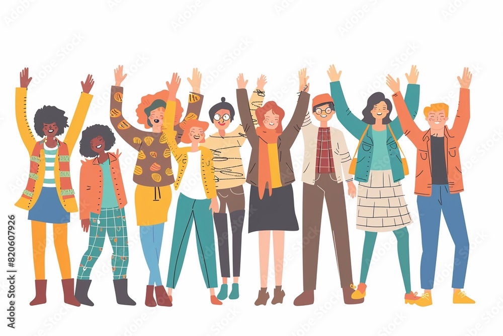 Obraz premium Group of different friends waving and smiling, friendship, Vector illustration.