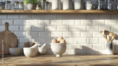 Wallpaper Mural A well-lit modern kitchen counter featuring a bowl of eggs, utensils, and various kitchen items against a stylish tiled backsplash.
 Torontodigital.ca