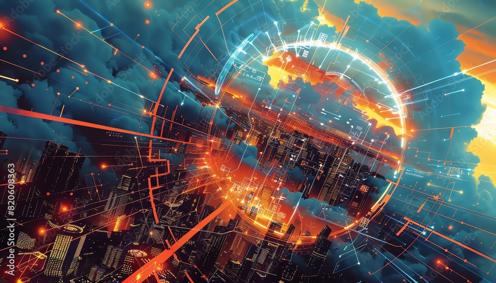 Cyber cloud architecture, eyelevel, with holographic connections, dynamic angle, computing future Cyber cloud architecture, eyelevel, with holographic connections, dynamic angle, computing future