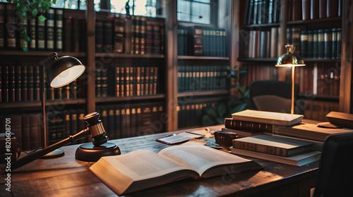 Lawyer's desk with open patent application, view captured in soft light of table lamp combined with light
