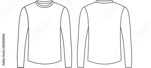 Men's long sleeve Crew neck T Shirt flat sketch fashion illustration drawing template mock up with front and back view