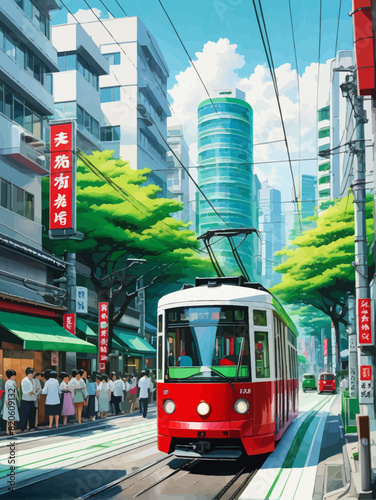 a painting of a red trolley on a city street