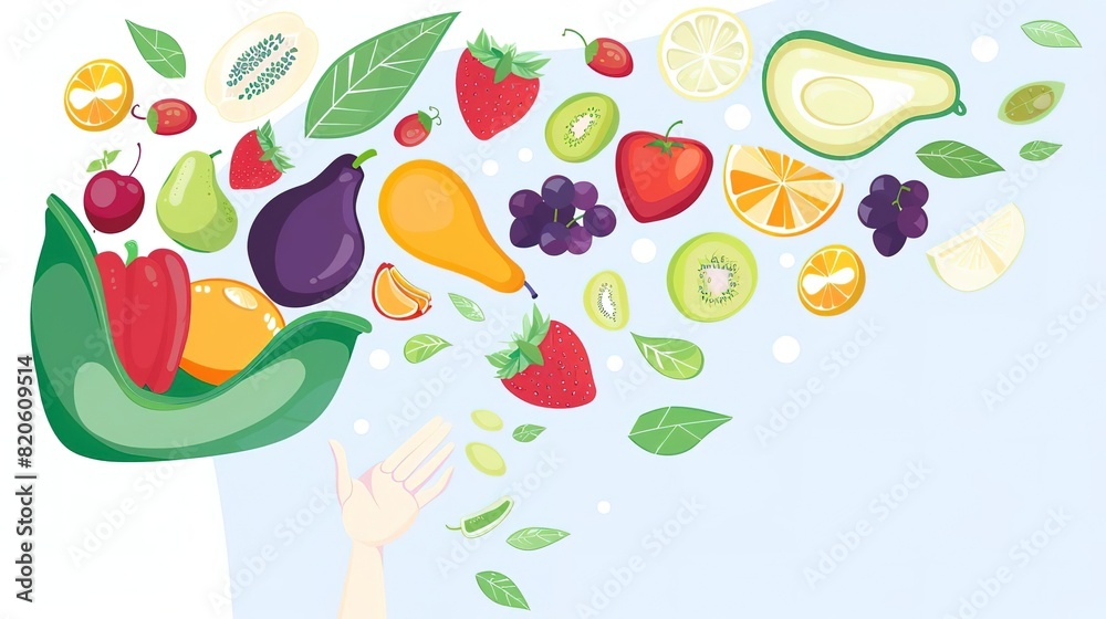 Naklejka premium A variety of fruits and vegetables are depicted in a colorful and vibrant illustration