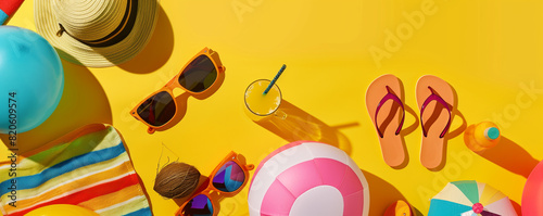 Beach essentials including sunglasses and flip-flops on a yellow background