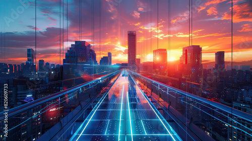 Futuristic pedestrian bridge with data visualizations, city skyline, sunset, High-tech, Digital Illustration, photo