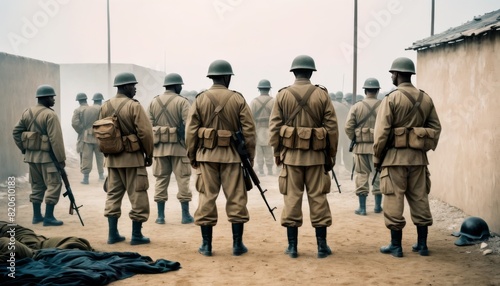 A platoon of soldiers in historical uniforms march through fog at a military barracks.. AI Generation photo