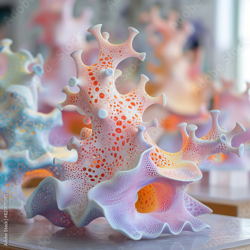 An intricate sculpture created by a 3D printer in an artist's studio. A process that combines technology and art, coral