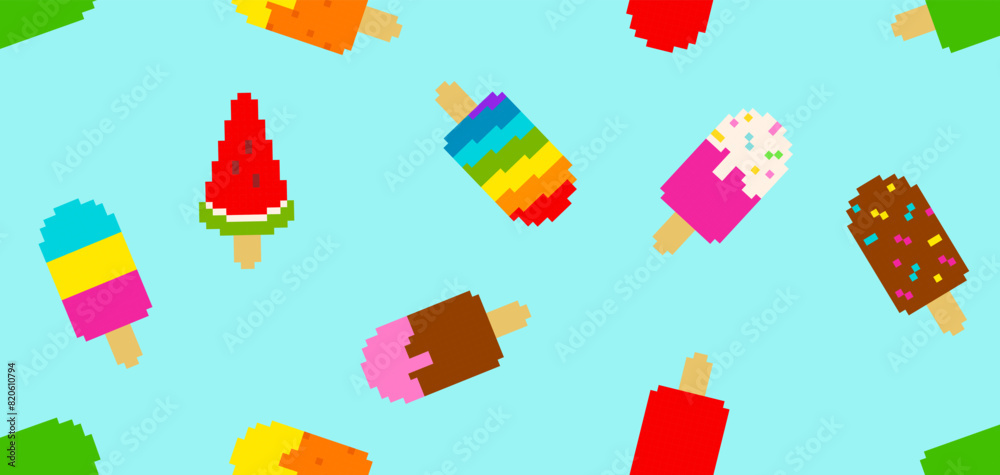 Pixel Ice Cream colorful seamless pattern background in retro game style. Perfect Pixel Ice Сream on a stick and ice cream popsicle decorative pattern for print fabric, textile, menu cover Pixel Ice Cream colorful seamless pattern background in retro game style. Perfect Pixel Ice Сream on a stick and ice cream popsicle decorative pattern for print fabric, textile, menu cover