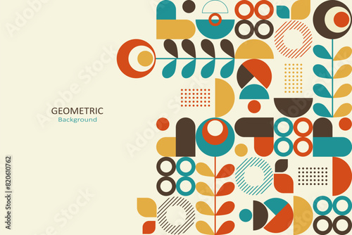Abstract colorful flat geometric on a beige background, template design with the simple shape of circles. Floral design in vintage style with free space on the side. Vector Illustration.